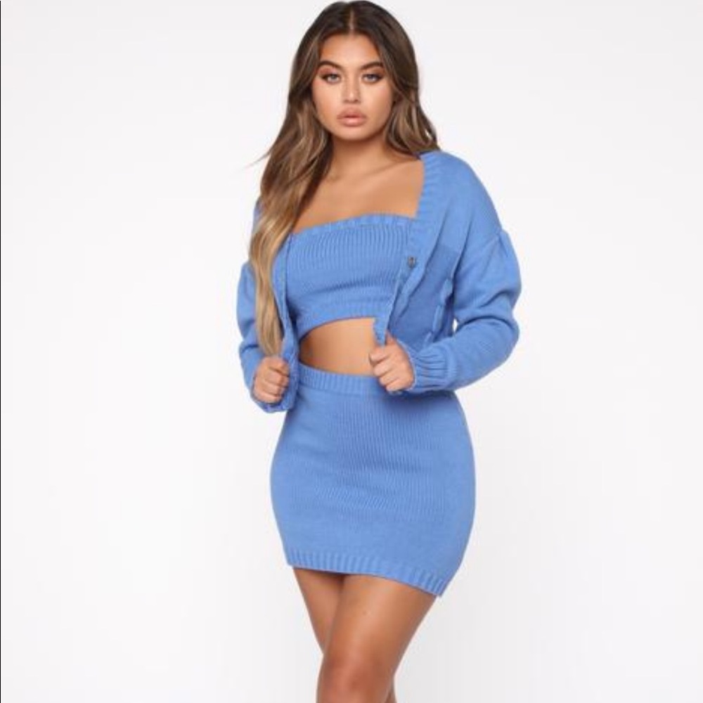 Fashion Nova 3 Piece Set Blue Knit Skirt Cardigan XS NWT